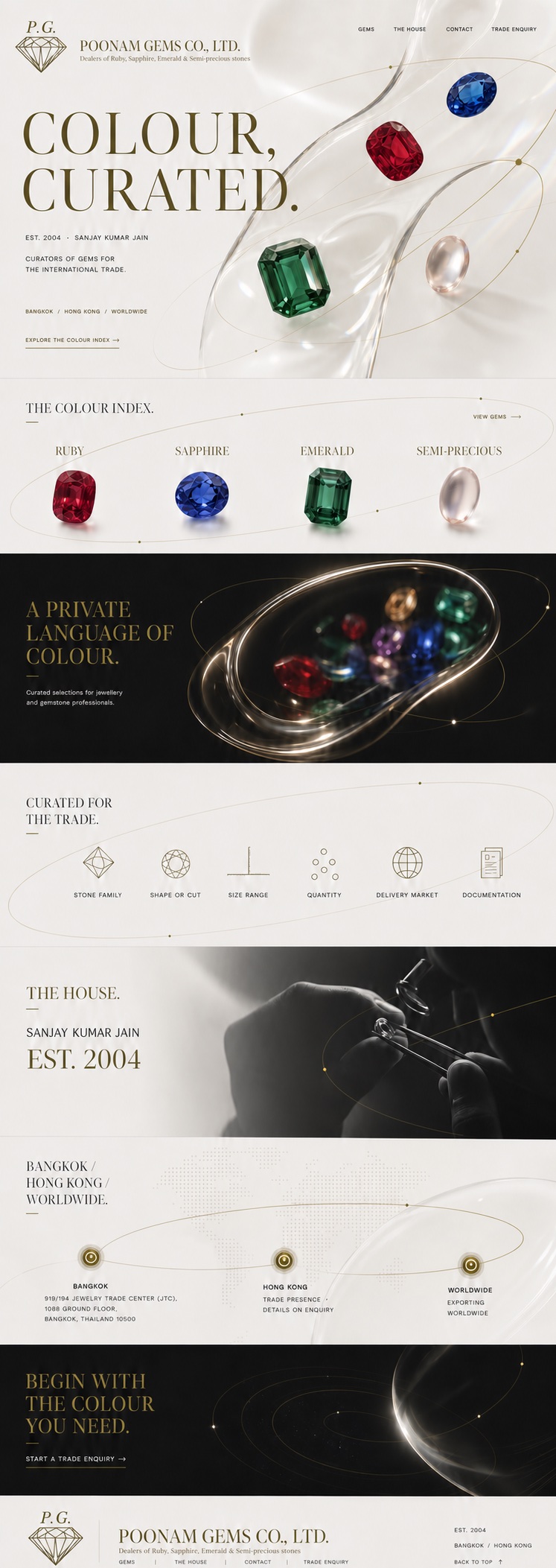 Poonam Gems homepage featuring ruby, sapphire, emerald, and semi-precious stones